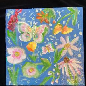 Hand-painted Flowers and Butterflies On Wood Panel 12”x12” Original